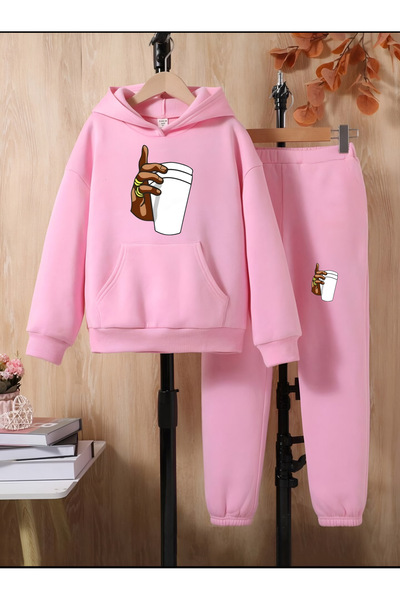 Serays moda Coffe bardaklı Baskılı kız/erkek Kapşonlu eşofman takımı