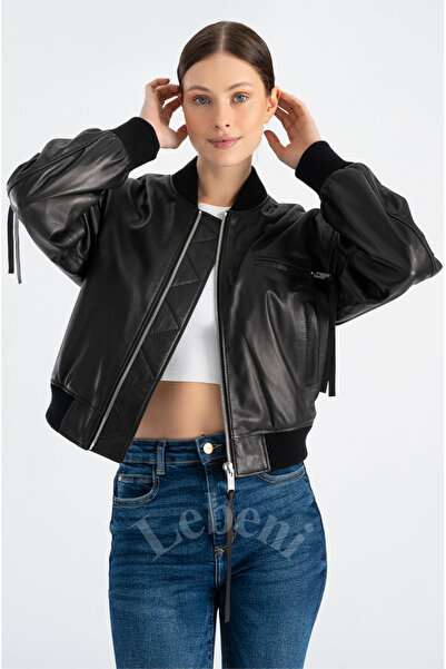 Lebeni Kısa Bomber Deri Ceket - Vintage Tarzı Crop Deri Ceket Kadın