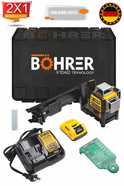 BÖHRER 12V Max Lazer Seviyesi, Yeşil Çizgi Lazeri, 3 Yollu, 360 Derece Profesyonel , Kablosuz Edilebilir