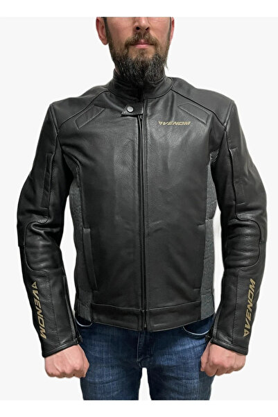 VENOM D2 Yeni Seri Hakiki Deri Siyah Mont Impactec Korumalı Motorcu Ceketi(KALIPLAR DARDIR)