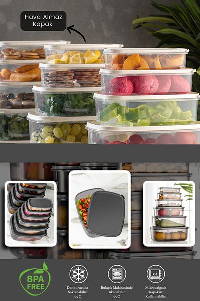 Madamev Set of 12 Storage Containers Multi-Purpose Kitchen Picnic Food Container Rectangular Food Organizer Box with Lid