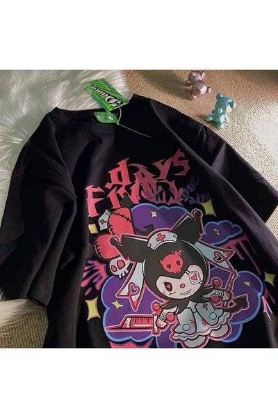 Gofeel Harajuku Kuromi Cartoon Patterned Unisex Oversize T-Shirt