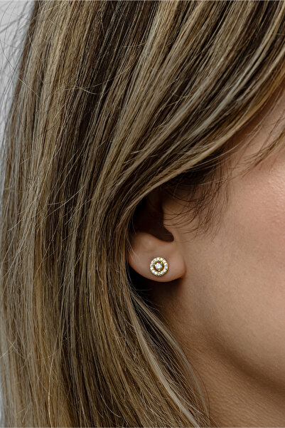 Nereze 925 Ayar Gümüş Gold Kaplama Minimal Tektaş Yuvarlak Küpe