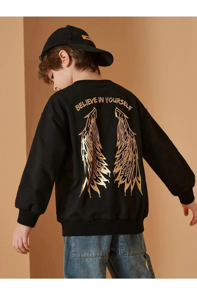 SİNSER TEKS Dovleac negru din bumbac imprimat Kanak pentru fete/băieți