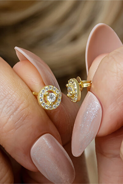 Nereze 925 Ayar Gümüş Gold Kaplama Minimal Tektaş Yuvarlak Küpe