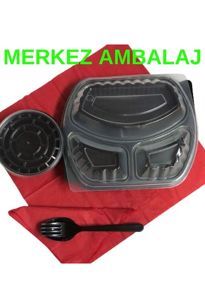 ELFUMER 3 Compartment Heat Resistant Food Container with Lid 10 Pieces + 5 soup bowl + 10 black fork spoon