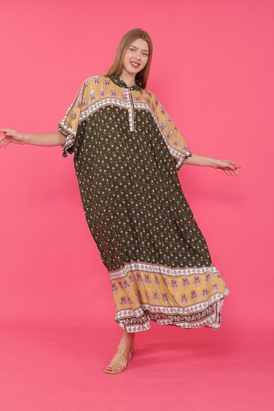 mervemoda Γυναικείο υφαντό φόρεμα με σπαστό μανίκι με νυχτερίδα μπροστά με γιακά