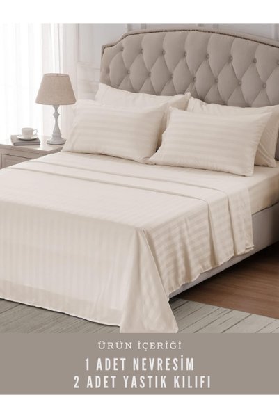 VESSİNOHOME Striped Cotton Satin Double Duvet Cover Set Hotel White Colored C...