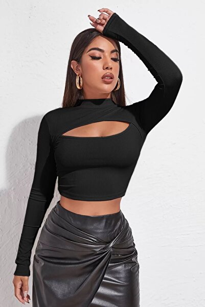 Genel Markalar Siyah Göğüs Dekolteli Uzun Kollu Cut Out Crop Top Bluz