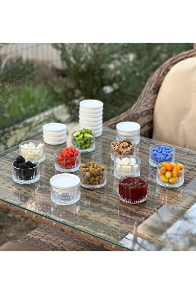 VERKFİ 12'li Beyaz Vakum Kapaklı Çok Amaçlı Cam Kahvaltılık Çerezlik Elysia M...