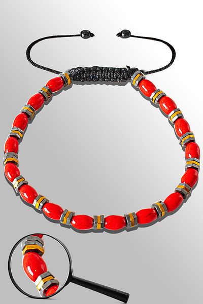 Tesbih Atölyesi Certified Barley Model Red Coral Stone Bracelet with Hematite - Adjustable