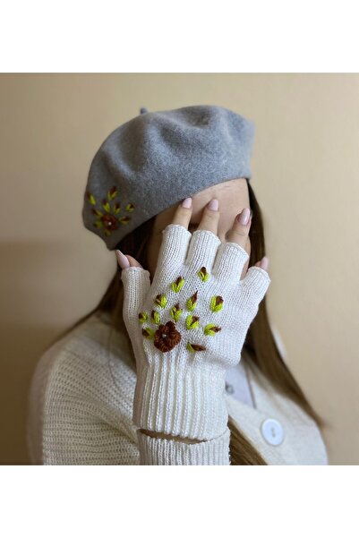 sema aksesuar Handmade Gray Floral Embroidered French Painter Beret and Ecru Finger Cut Gloves Set - Gift