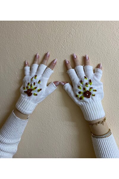 sema aksesuar Handmade Flower Embroidered Fingers Cut Gloves - Fingerless Gloves - Gift Valentine's Day