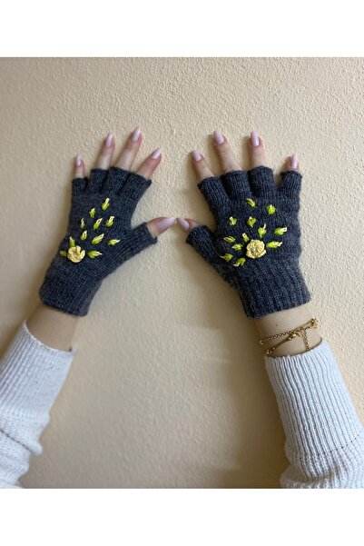 sema aksesuar Handmade Flower Embroidered Gray Gloves with Cut Fingers - Fingerless Gloves - Gift Valentine's Day