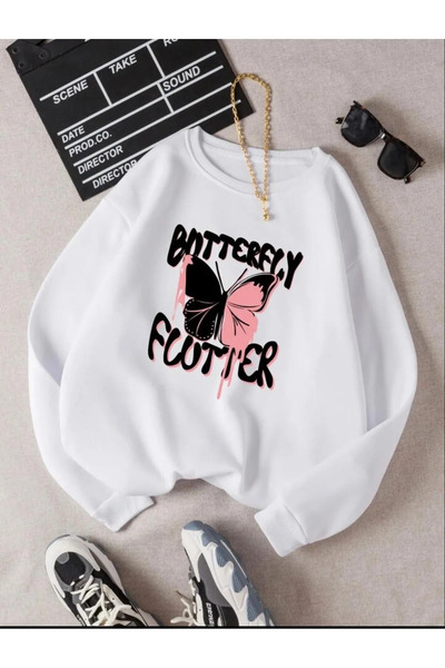 FRİENDS KİDS أبيض أسود وردي فراشة فراشة فلوتر مطبوعة طاقم الرقبة فتاة / صبي