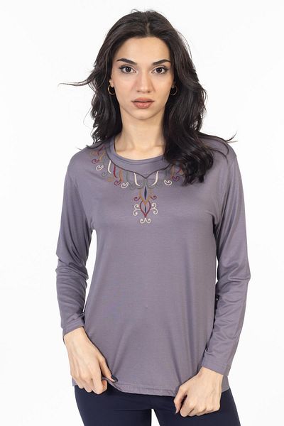 Mutlu City New Model 2024 Embroidered Round Neck Lycra Mother Combed Cotton Blouse 6450