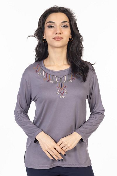 Mutlu City New Model 2024 Embroidered Round Neck Lycra Mother Combed Cotton Blouse 6450