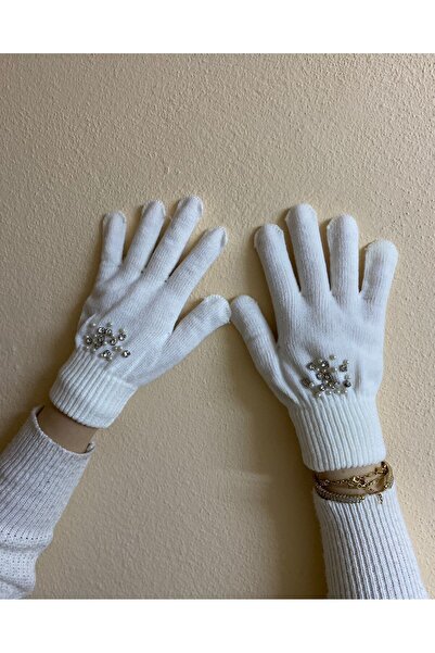 sema aksesuar Ecru Color Zircon Stoned Wool Painter Beret and Gloves Set - Design - Valentine's Day Gift