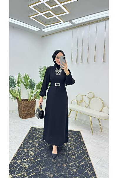 FIRSTESLEM Kadın Kolu Pliseli Dubai Krep Kumaş Hadise Elbise