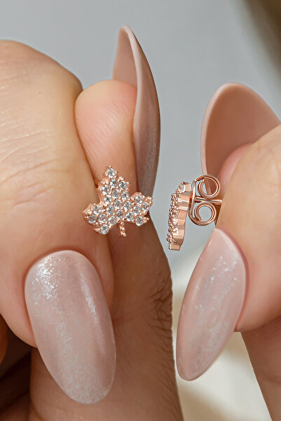 Nereze 925 Ayar Gümüş Rose Kaplama Minimal Çınar Yaprağı Küpe