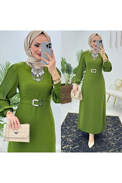 FIRSTESLEM Kadın Kolu Pliseli Dubai Krep Kumaş Hadise Elbise