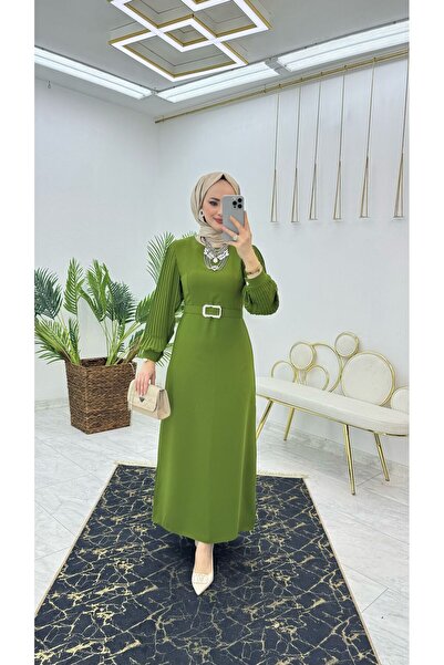 FIRSTESLEM Kadın Kolu Pliseli Dubai Krep Kumaş Hadise Elbise