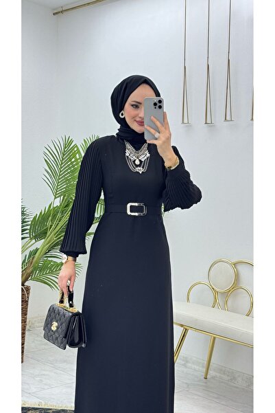 FIRSTESLEM Kadın Kolu Pliseli Dubai Krep Kumaş Hadise Elbise