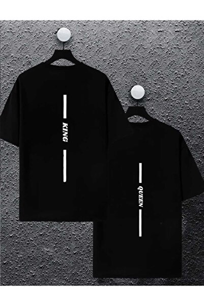 BETİLİNA تي شيرت أسود كبير الحجم مطبوع عليه ظهر King/Queen