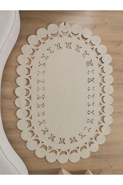 TurQhouse Sümbül Jüt Doğal Hasır Halı Oval Örme Kenar İşlemeli Çift Taraflı Kilim