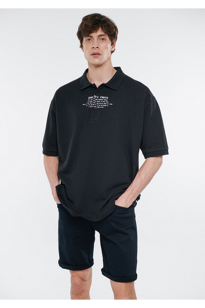 Mavi Surfer Baskılı Siyah Polo Tişört Oversize / Geniş Kesim 0611374-900