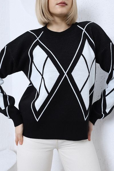 VEGENZE Pulover oversize de damă, negru, ecru, cu model diamantat