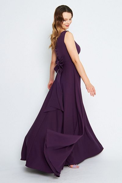 Bidoluelbise Women's Back Bow Ornamental Buttoned V-Neck Maxi Flared Plum Evening Dress