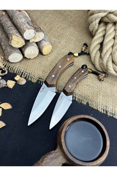 PALTA OUTDOOR Ikili Kamp Bıçağı Seti El Yapımı Eşya Deri Kılıflı Cep Çakısı O...
