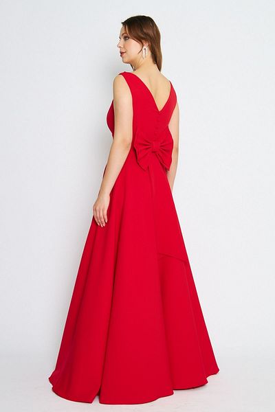Bidoluelbise Women's Back Bow Ornamental Buttoned V-Neck Maxi Flared Red Evening Dress
