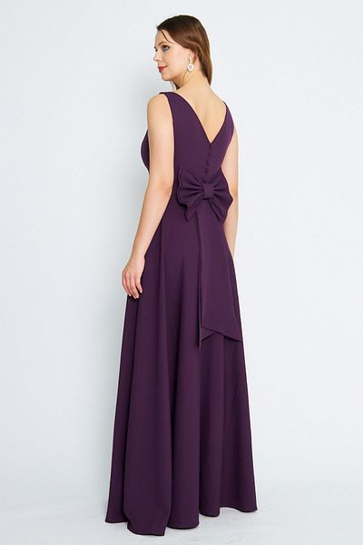 Bidoluelbise Women's Back Bow Ornamental Buttoned V-Neck Maxi Flared Plum Evening Dress