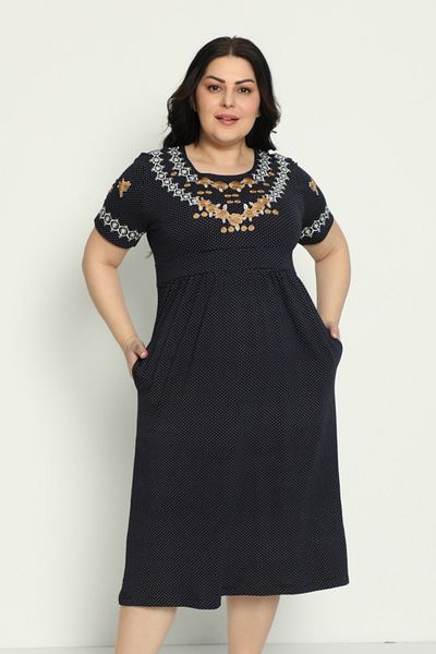 İntensive Women's Pocket Embroidery Detailed Combed Cotton Modal Large Size Dress
