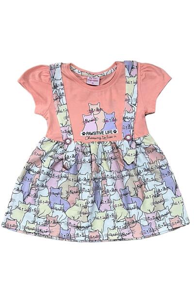 BY-GRİ KEDİ BASKILI KIZ BEBEK ELBİSE
