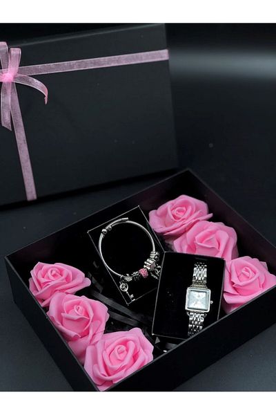 Masalsı Concept 14 February Valentine's Day Gift Artificial Flower Ornate in Box Pandora Bracelet and watch Best Gift