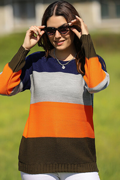 ALCHON Kerékpáros kerek nyakú, hosszú ujjú színes blokk rizs kötött szoknya elasztikus kötöttáru pulóver