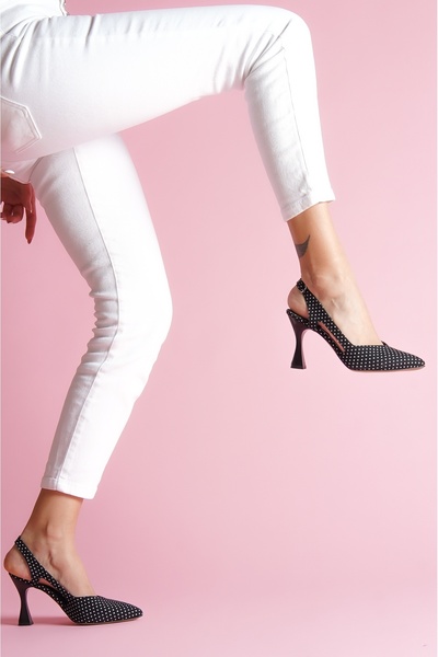 DİVOLYA Duck Black Polka Dot Open Sided Heeled Shoes