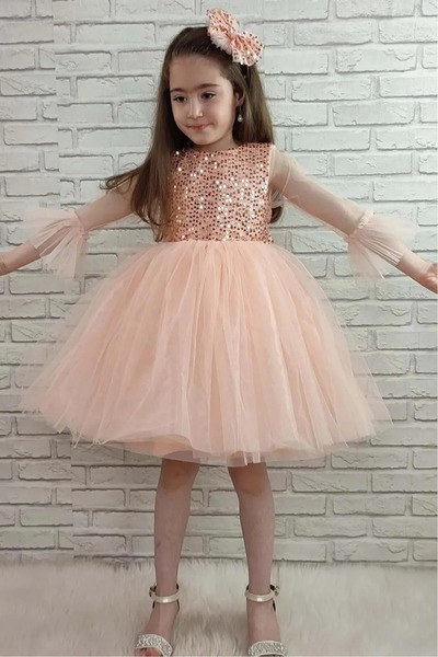 miço kids Sequined Bucharest Sleeve Tutu Girl's Evening Dress Salmon