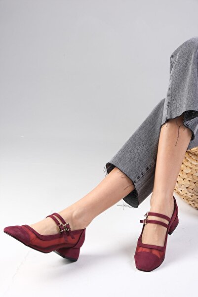 Mio Gusto Burgundy Color Suede Blunt Toe Mesh Detailed Women's Short Heeled Shoes