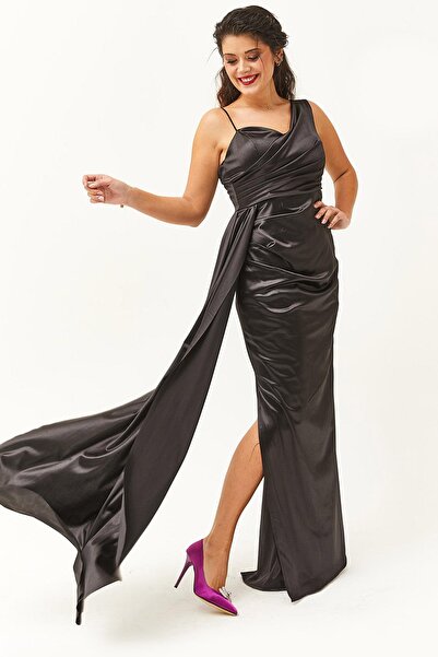 Ebsumu Rochie de seară și rochie de absolvire neagră lungă din satin cu mânec...