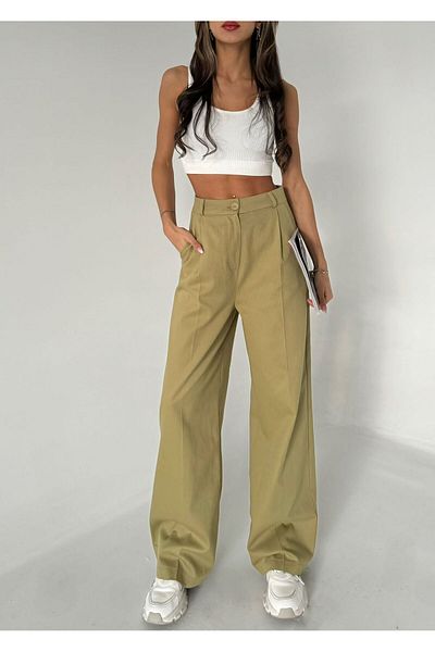 Laluvia Khakifarbene Palazzo-Hose aus 100 % Baumwoll-Gabardine
