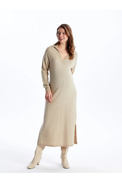 LC Waikiki LCWAIKIKI Umstands-Strickkleid mit Polokragen, einfarbig, langärmelig