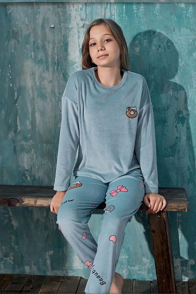 cotonhause Costum de pijama albastru din catifea cu mânecă lungă pentru fete C1T3N3O53-68