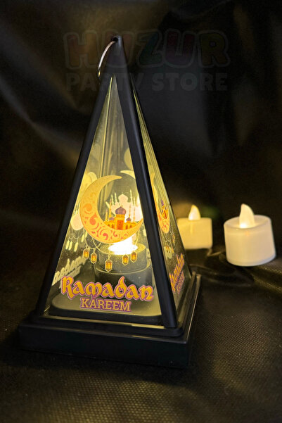 Huzur Party Store 17x9 Cm Siyah Piramit Fener Günışığı Sarı Işıklı Ramazan Bayramı Ramadan Kareem Dekoratif Kandil