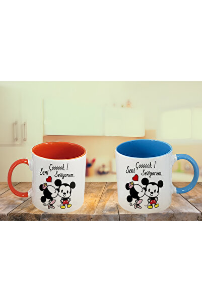 GünayStore ÇOOOK ! SENİ SEVİYORUM YAZILI MİCKEY & MİNNİE MOUSE BASKILI İÇİ VE KULBU RENKLİ SEVGİLİ KUPA SET
