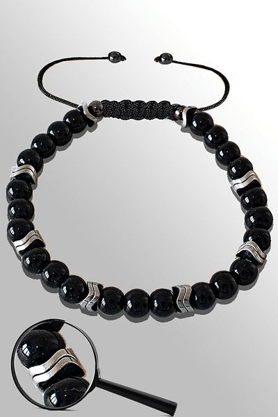 Tesbih Atölyesi Certified Silver Sergeant Black Obsidian Stone Bracelet with Hematite - Adjustable