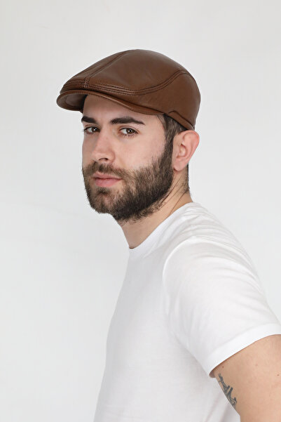 EGE DERİ %100 Hakiki Kuzu Derisi İçi Kürklü Taba Erkek Kasket